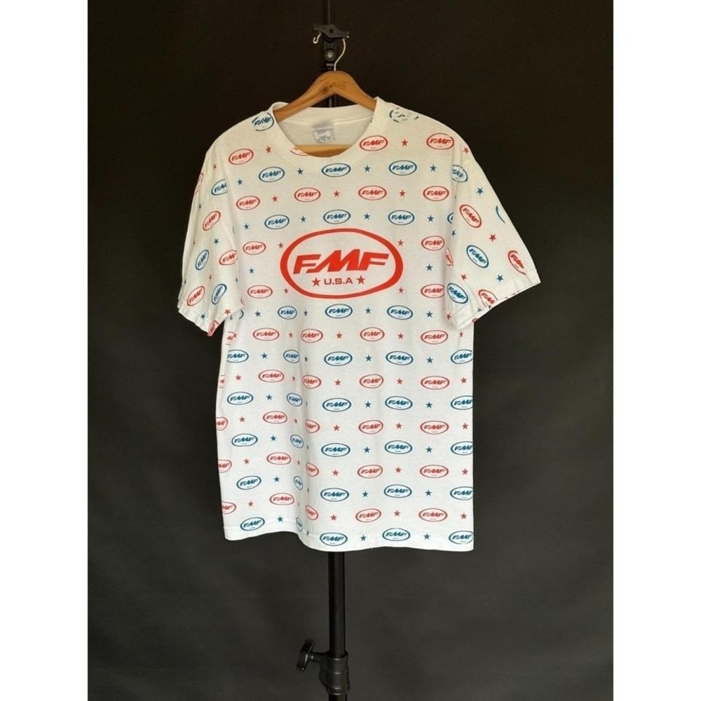 FMF Motocross Men's‎ Tshirt All Over Print Logo Red White Blue Large AAA